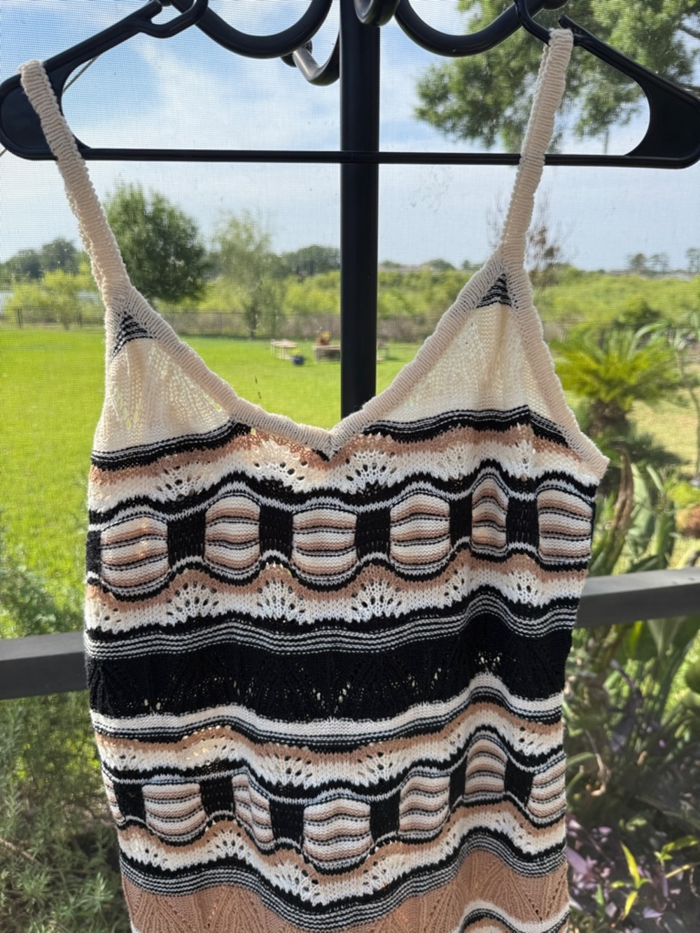 Say What? Striped Crochet Midi Coverup in Black, Cream & Tan